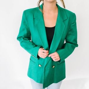 Vintage Green Oversized Longline Linen Blazer
